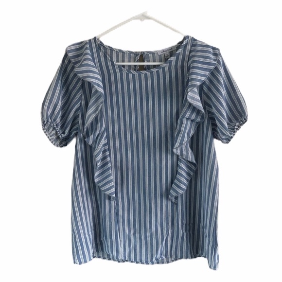 white birch Tops - NWT White Birch Blue & White Striped Ruffles Shirt
